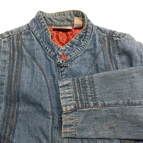 Chicos Design Size 0 Small Denim Jean Jacket Blue‎ Silk Lined Knots - Picture 1 of 7